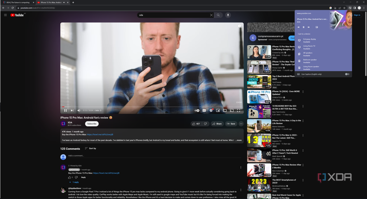 Screenshot of a YouTube video in Google Chrome with the Cast menu open
