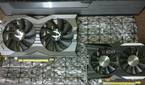 GTX 1660 Ti and GTX 1050 Ti graphics cards on a desk