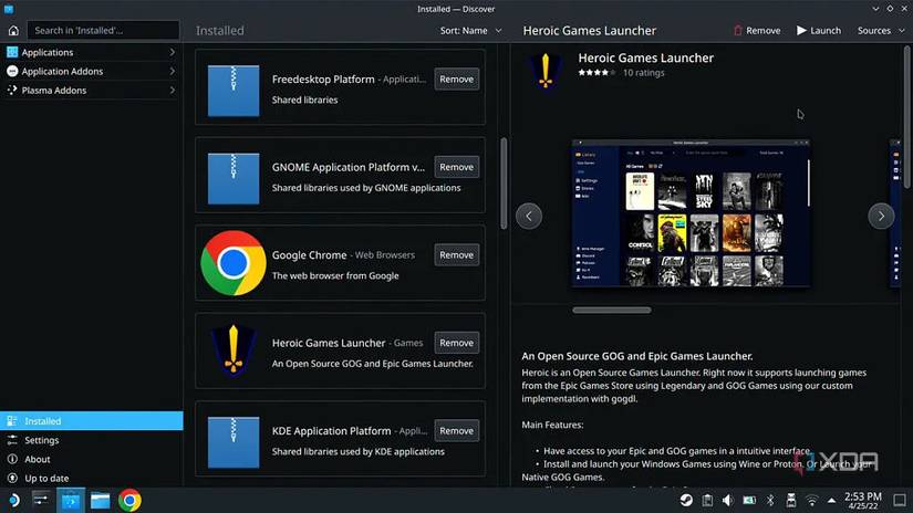 A screenshot of the listing for the Heroic Games Launcher on SteamOS on a steam deck with the option to install it