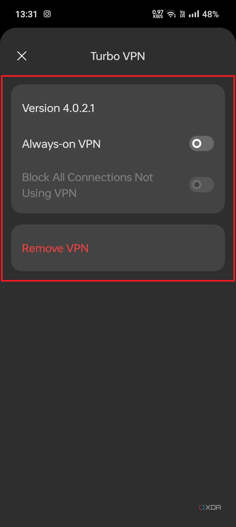 A screenshot showing the highlighted advanced options for Turbo VPN in settings.