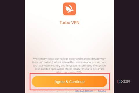 A screenshot showing the highlighted 'Agree & continue' button on Turbo VPN.