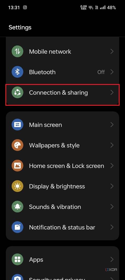 A screenshot showing the highlighted Connection & sharing option in settings page.