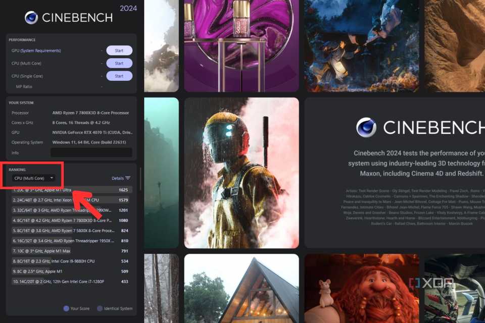 A screenshot showing the highlighted drop down menu for hardware ranking in Cinebench 2024.
