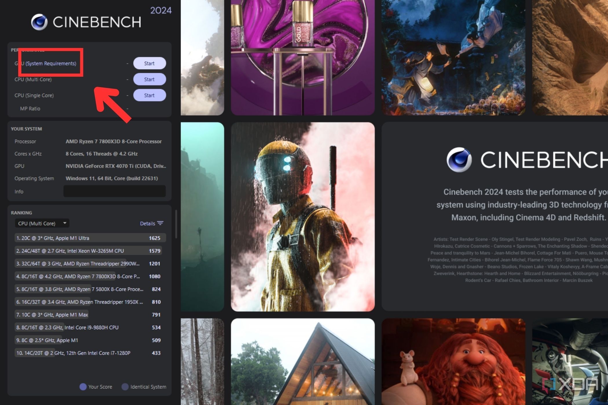 A screenshot showing the highlighted System Requirement option in Cinebench. 2024