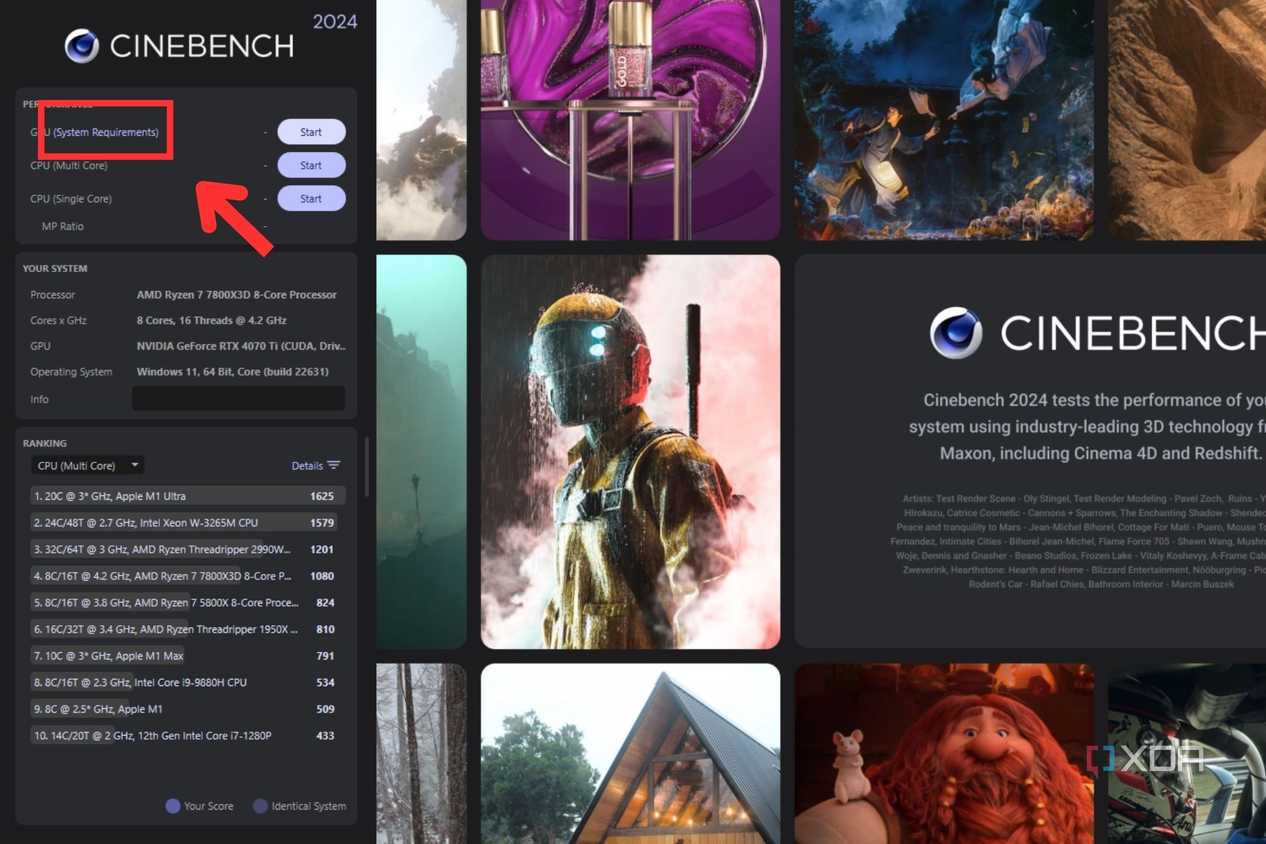 A screenshot showing the highlighted System Requirement option in Cinebench. 2024