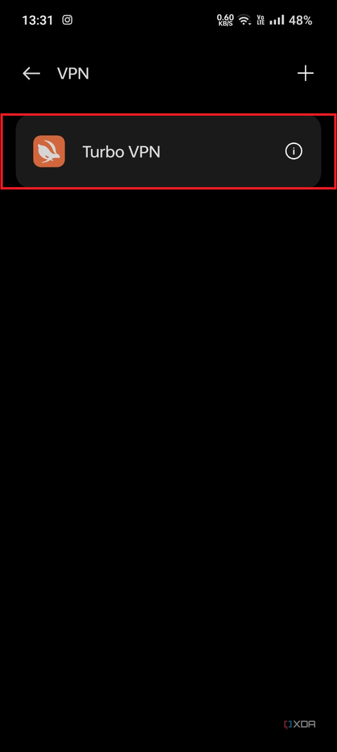 A screenshot showing the highlighted Tubo VPN option in network settings.