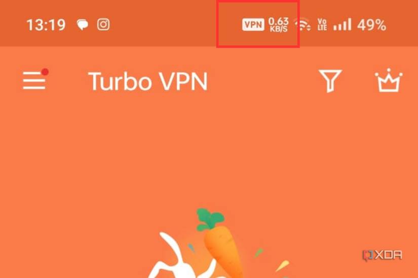 A screenshot showing the highlighted VPN icon on the status bar.