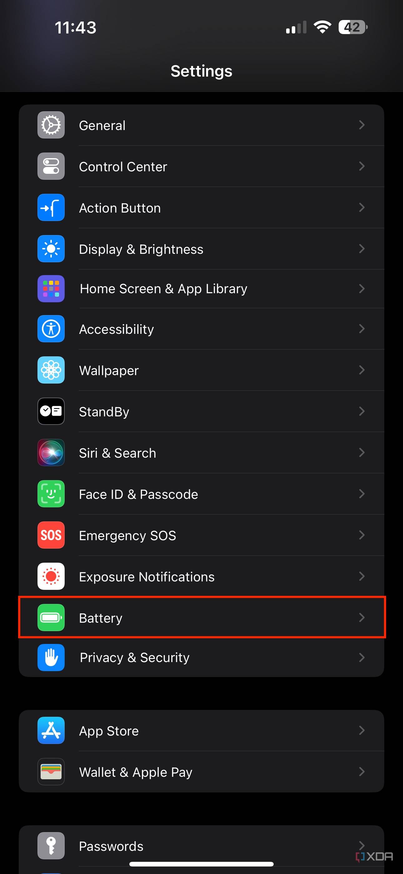 battery section in iPhone settings