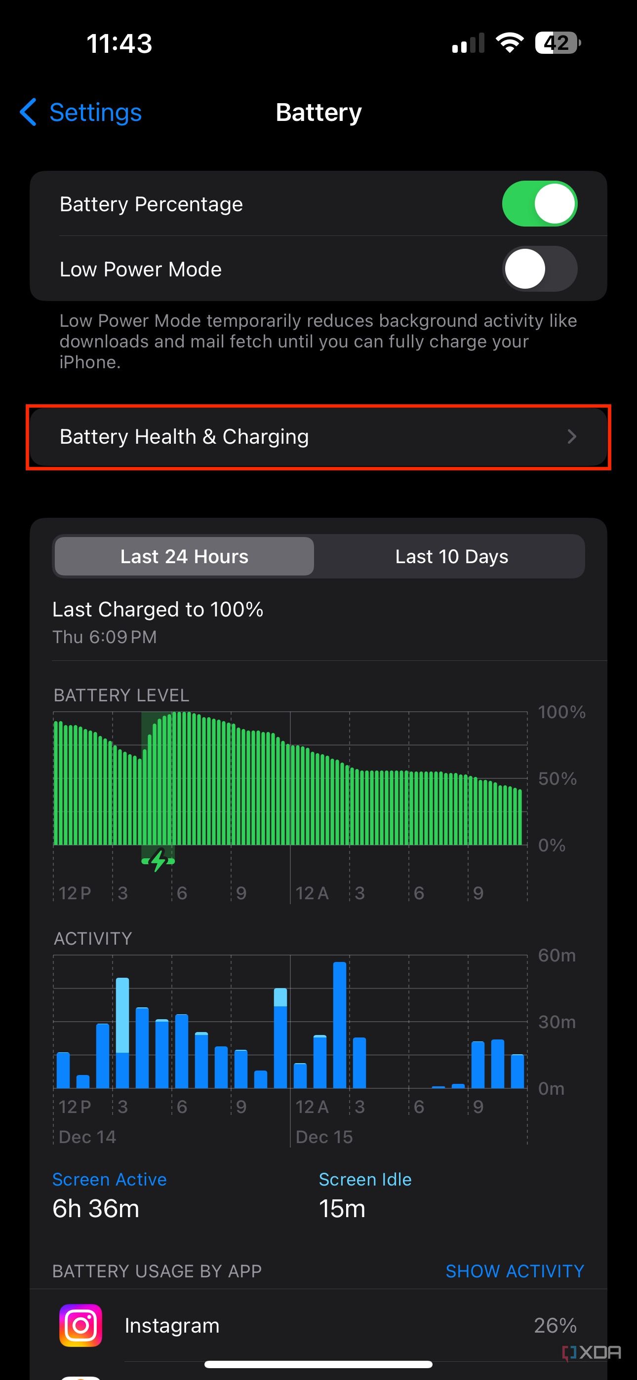 battery health and charging section in iPhone battery settings