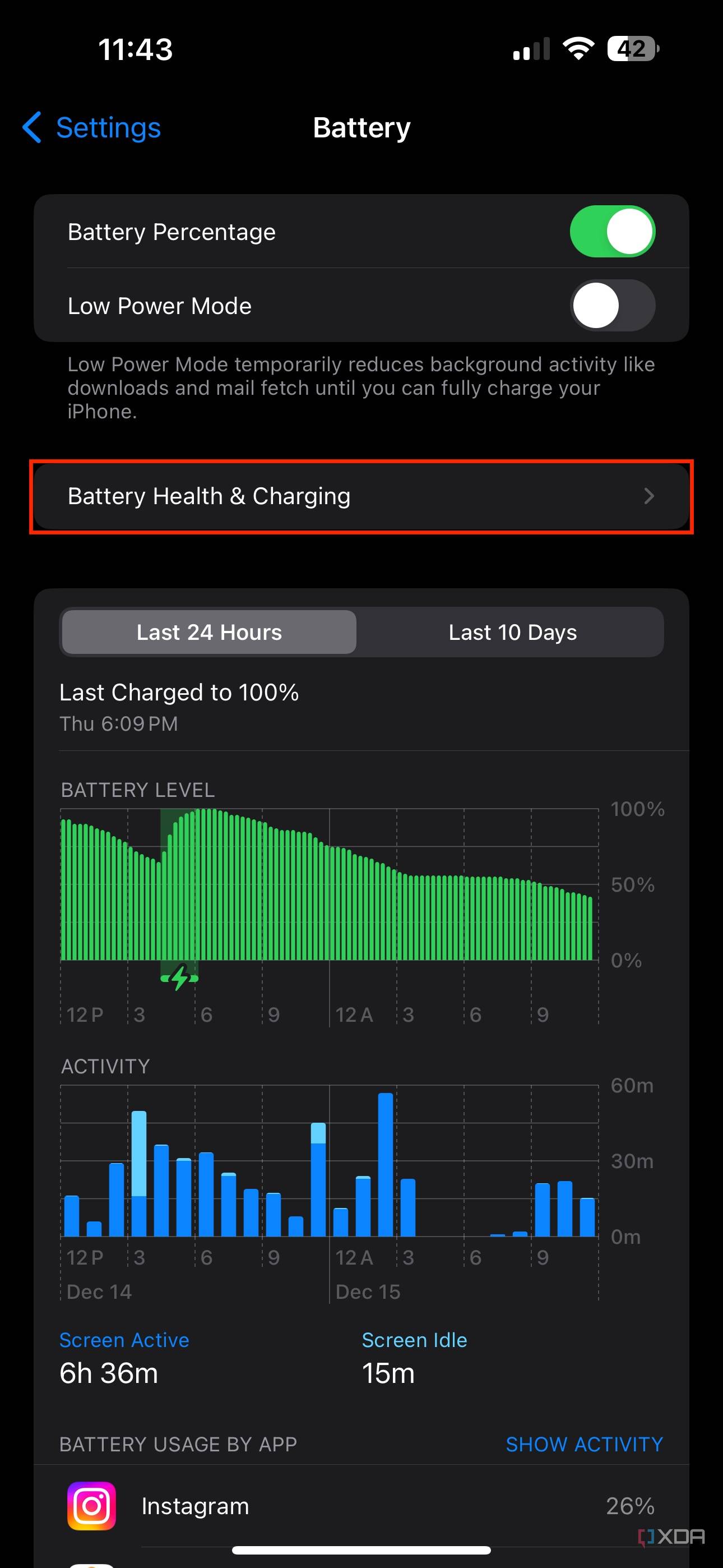 battery health and charging section in iPhone battery settings