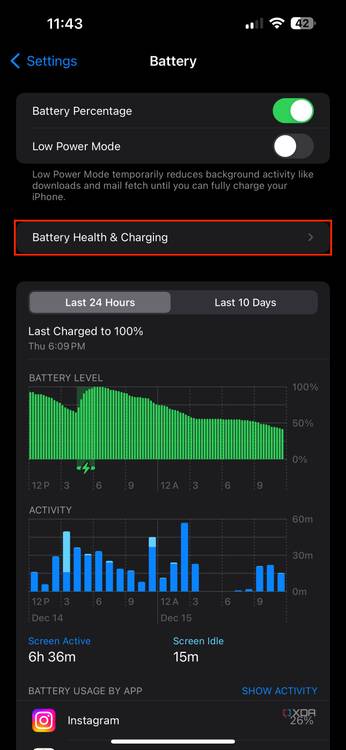 battery health and charging section in iPhone battery settings