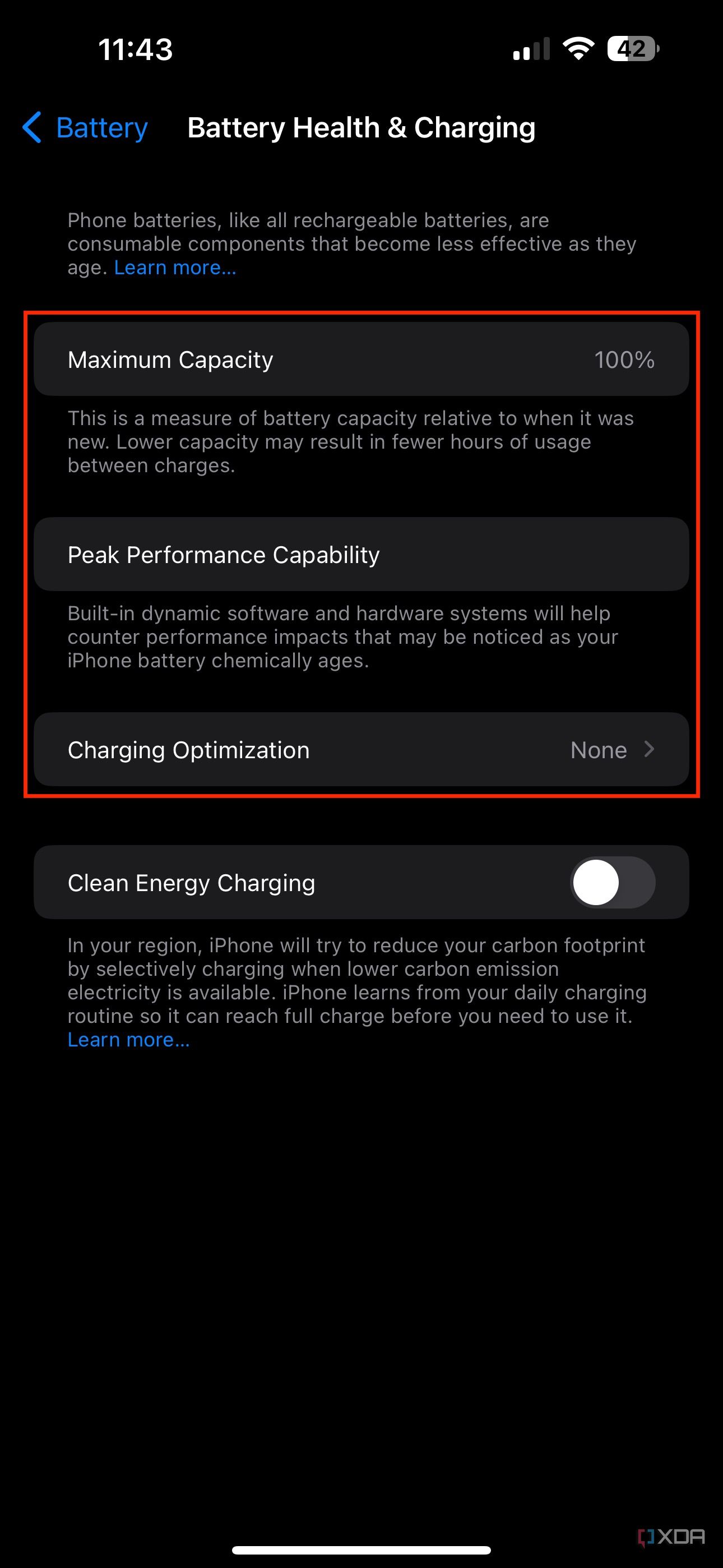 maximum capacity, peak performance capability, and charging optimizations listed in battery health settings