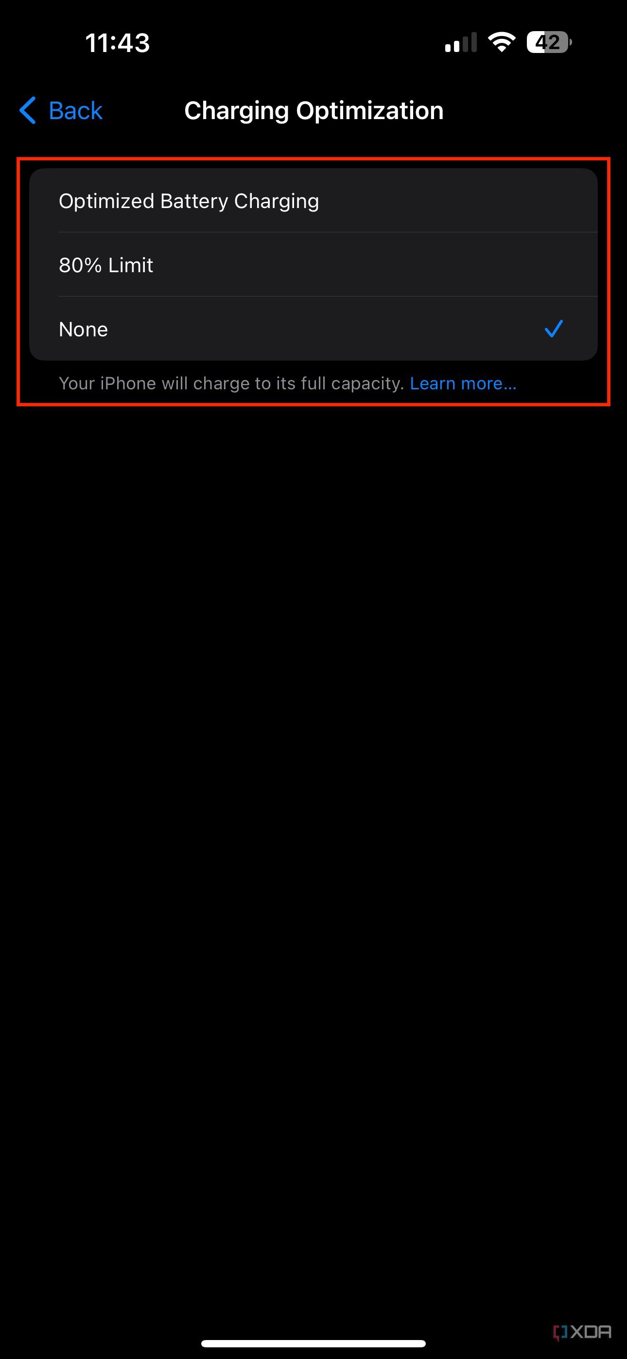 Charging optimization section in battery settings on iPhone listing 80% limit, optimized battery charging, and none as options
