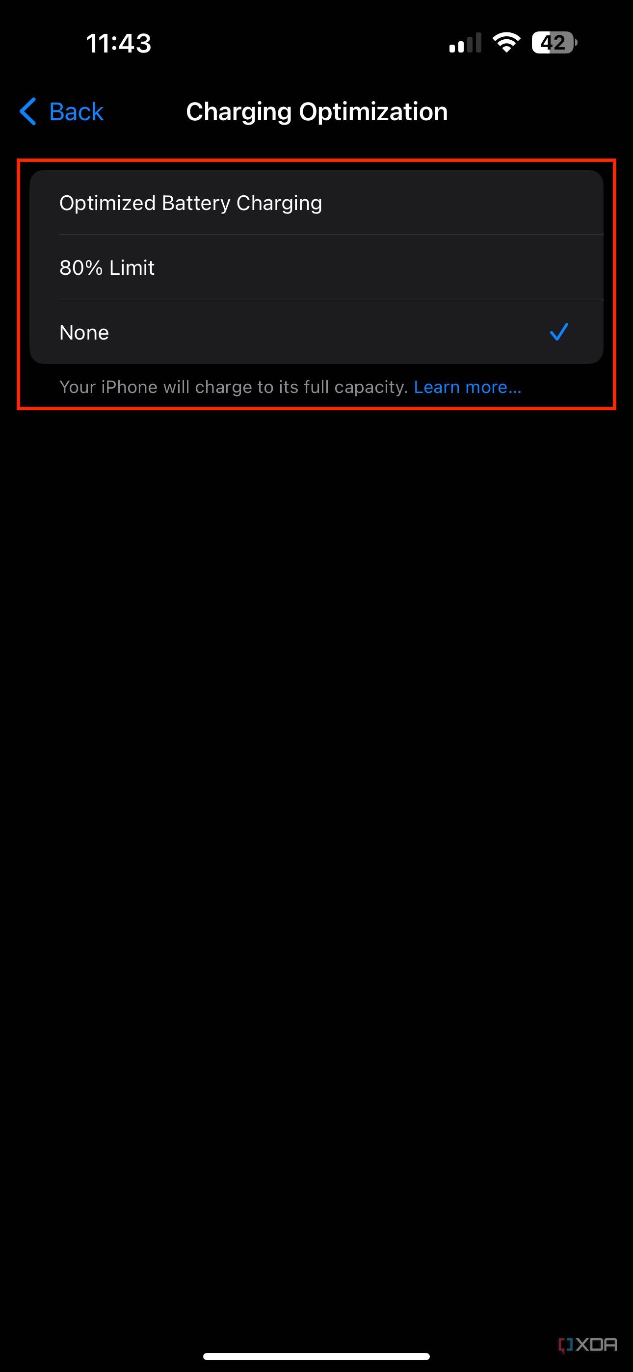 Charging optimization section in battery settings on iPhone listing 80% limit, optimized battery charging, and none as options