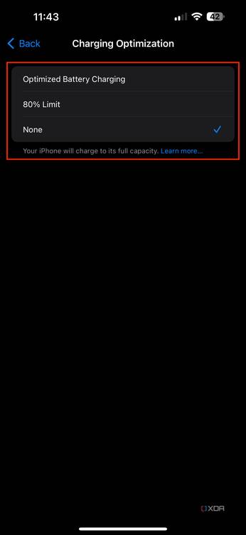 Charging optimization section in battery settings on iPhone listing 80% limit, optimized battery charging, and none as options