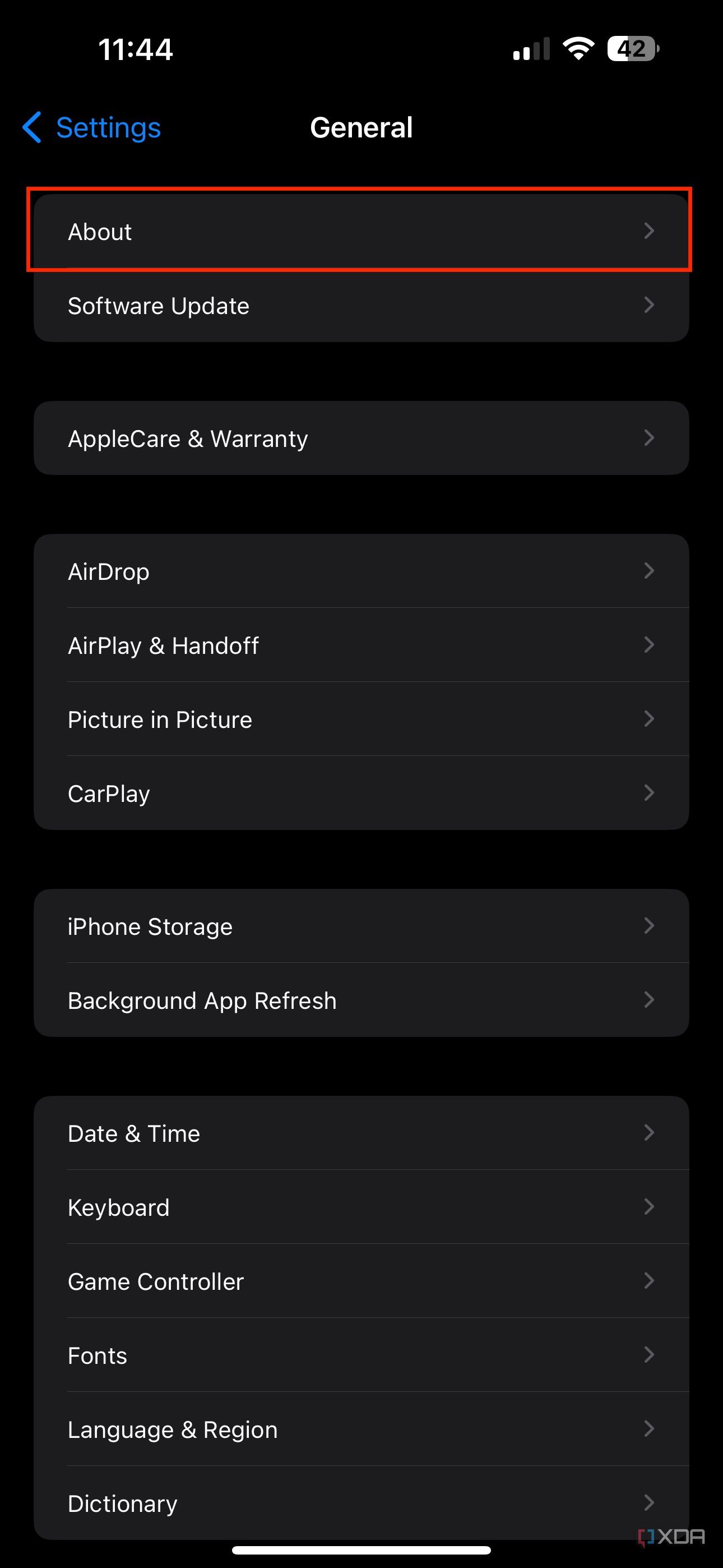 about section in iPhone general settings