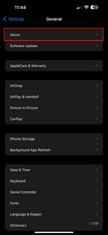about section in iPhone general settings