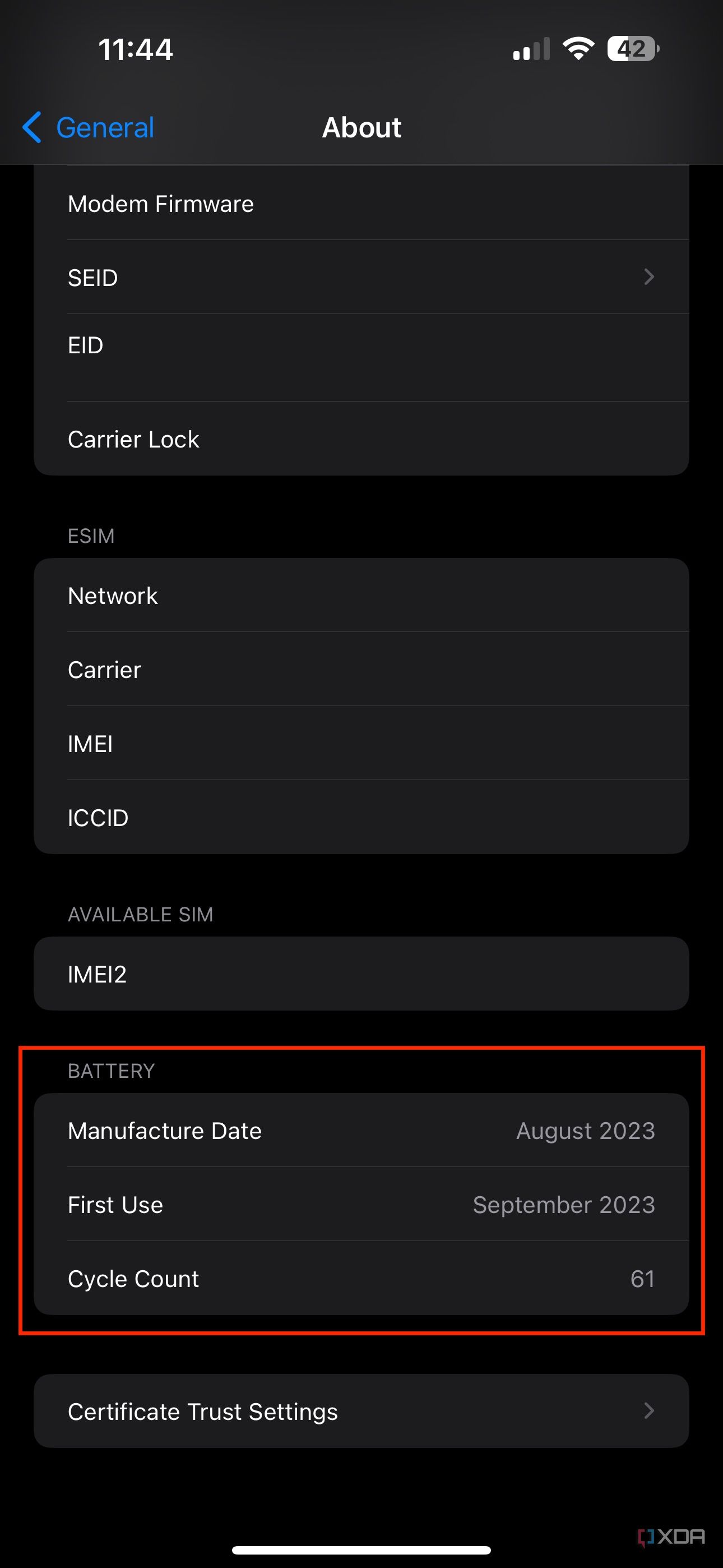 battery cycle count in about settings