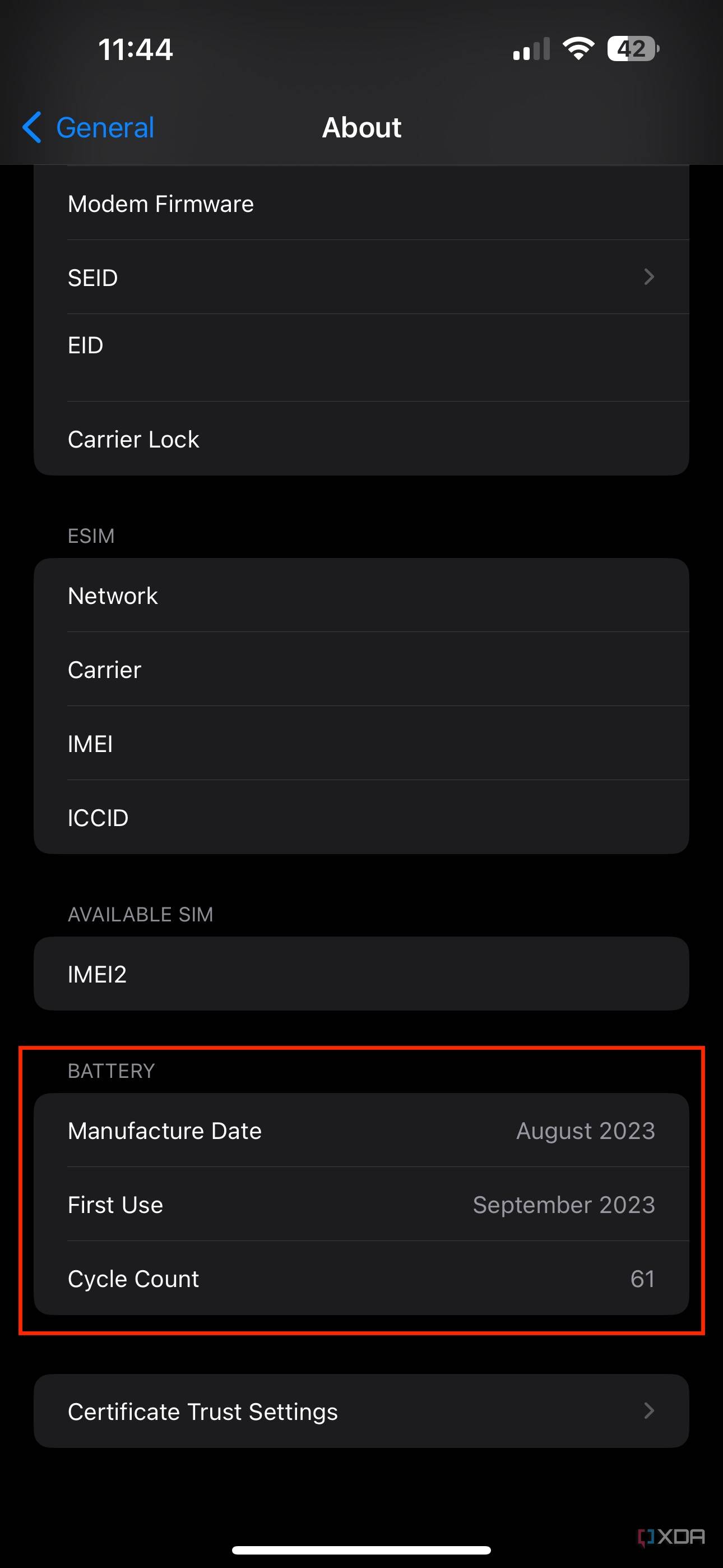 battery cycle count in about settings