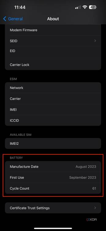 battery cycle count in about settings