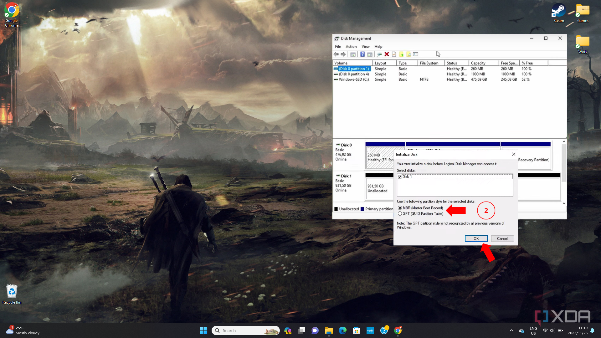The Disk Management tab open with the initialise disk pop-up over it with an arrow pointing to the partition type and the OK button.