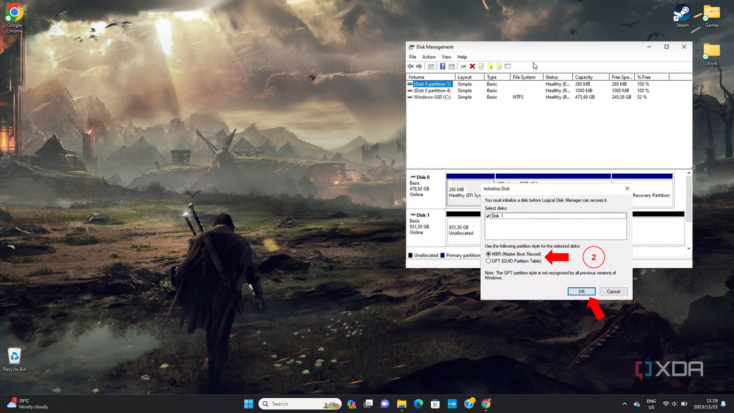 The Disk Management tab open with the initialise disk pop-up over it with an arrow pointing to the partition type and the OK button.