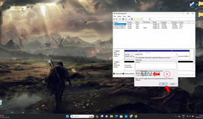 The Disk Management tab open with the initialise disk pop-up over it with an arrow pointing to the partition type and the OK button.