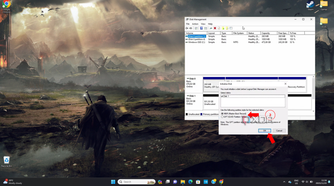 The Disk Management tab open with the initialise disk pop-up over it with an arrow pointing to the partition type and the OK button.