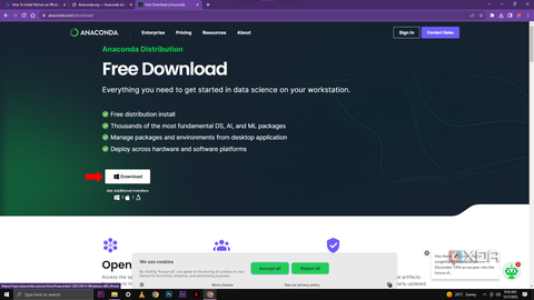 A screenshot of the Anaconda website's download page, highlighting the "Free Download" section for the Anaconda Distribution, with a red arrow pointing to the "Download" button.