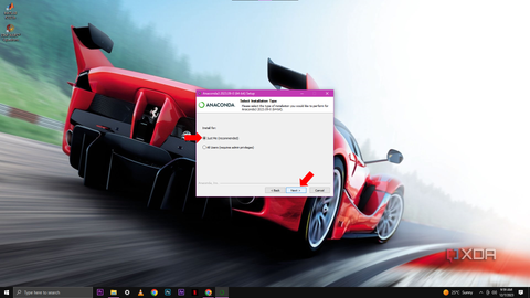 A screenshot of the Anaconda3 2023.09 (64-bit) setup window asking to select the installation type with two options: "Just Me (recommended)" or "All Users (requires admin privileges)", with a red arrow pointing to the "Next" button.