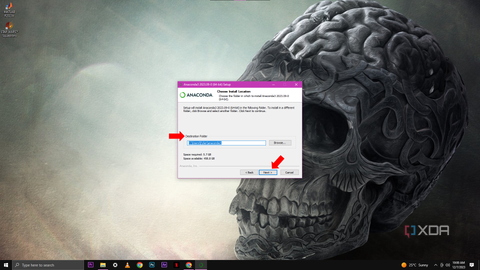 A screenshot of the Anaconda3 setup window prompting for an install location with a "Destination Folder" field and the space required for installation.