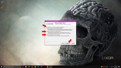 A screenshot of the Anaconda3 setup window with "Advanced Installation Options", including checkboxes to create start menu shortcuts, add Anaconda to the PATH environment variable, and register Anaconda as the system's default Python, among others, with a red arrow pointing to the "Install" button.