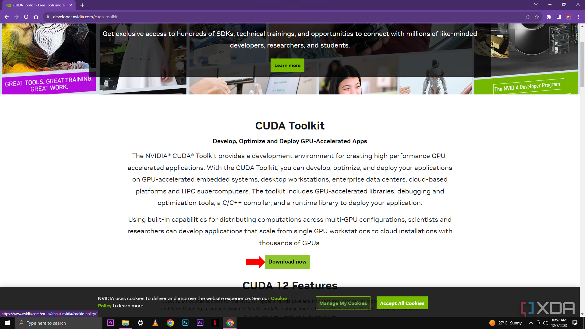A screenshot of the NVIDIA CUDA Toolkit web page featuring the title "CUDA Toolkit" and a "Download now" button with an arrow pointing to it. The page details the toolkit's purposes for developing, optimizing, and deploying GPU-accelerated applications.