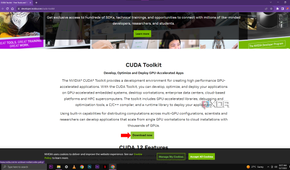 A screenshot of the NVIDIA CUDA Toolkit web page featuring the title "CUDA Toolkit" and a "Download now" button with an arrow pointing to it. The page details the toolkit's purposes for developing, optimizing, and deploying GPU-accelerated applications.