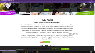 A screenshot of the NVIDIA CUDA Toolkit web page featuring the title "CUDA Toolkit" and a "Download now" button with an arrow pointing to it. The page details the toolkit's purposes for developing, optimizing, and deploying GPU-accelerated applications.