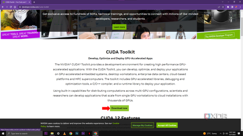 A screenshot of the NVIDIA CUDA Toolkit web page featuring the title "CUDA Toolkit" and a "Download now" button with an arrow pointing to it. The page details the toolkit's purposes for developing, optimizing, and deploying GPU-accelerated applications.