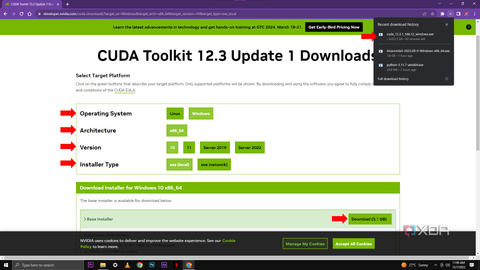 A screenshot of the CUDA Toolkit download section with options to select the target platform including operating system, architecture, version, and installer type, with a red arrow pointing towards each drop-down menu.