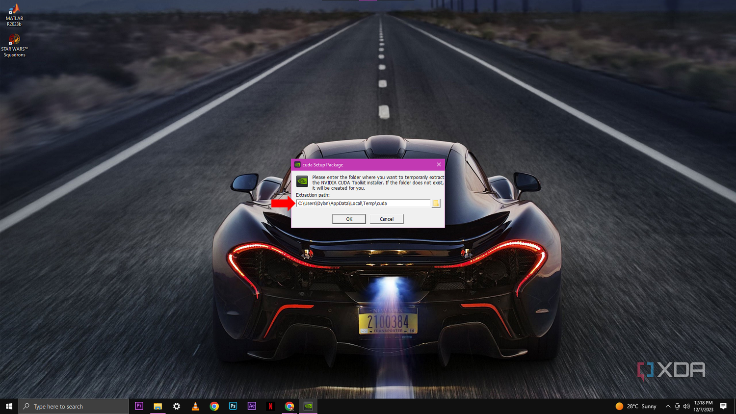 A screenshot showing a popup window titled "cuda Setup Package" asking for a folder path to temporarily extract the NVIDIA CUDA Toolkit installer files, with the default path already filled in and a red arrow pointing to the OK button.