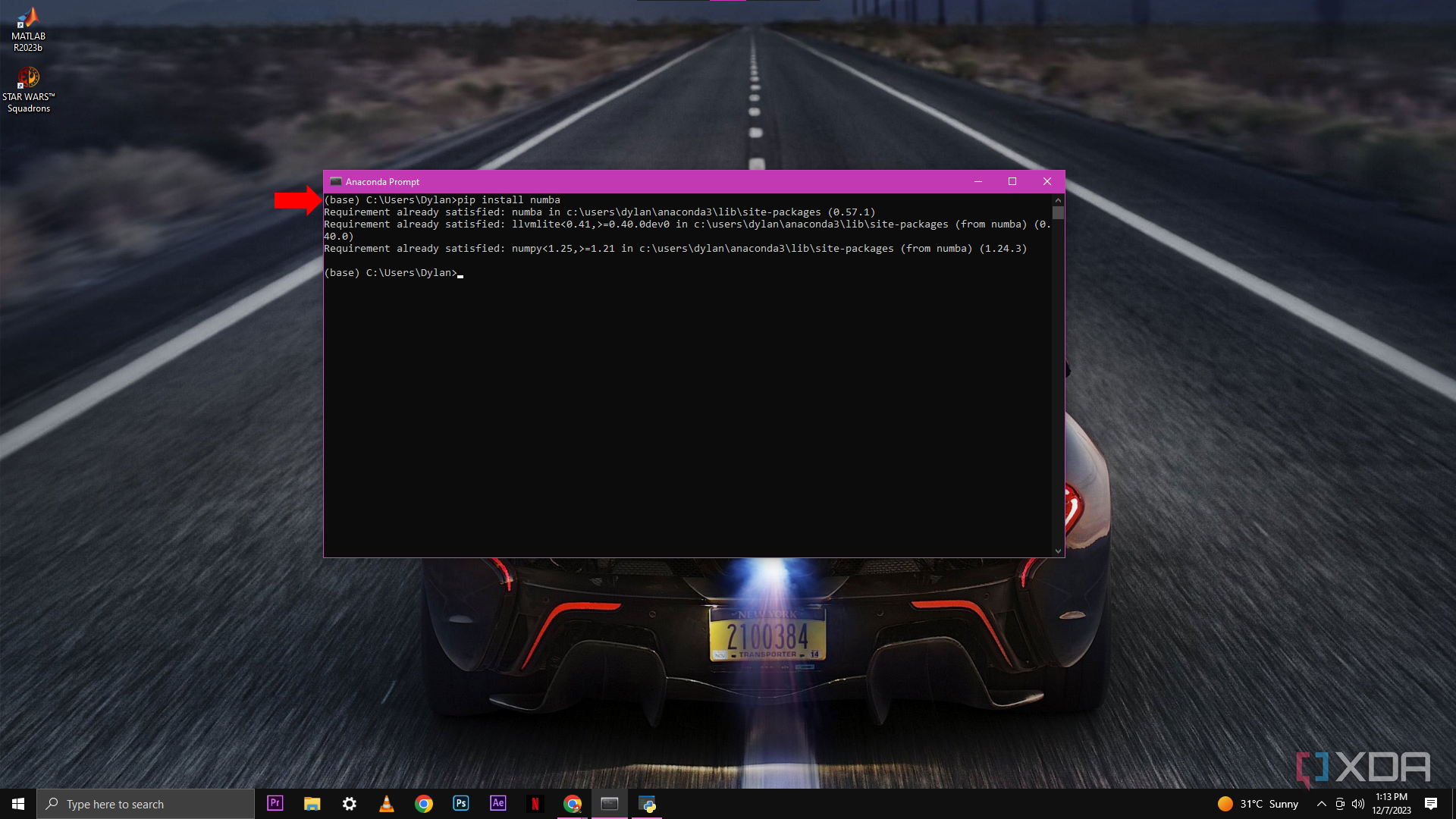 A screenshot of an Anaconda Prompt window displaying the result of a command to install the Numba package, indicating that the requirement is already satisfied with Numba and llvmlite versions listed.