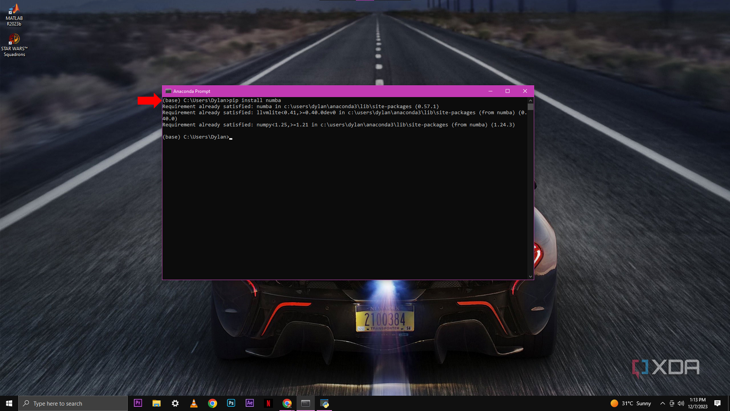 A screenshot of an Anaconda Prompt window displaying the result of a command to install the Numba package, indicating that the requirement is already satisfied with Numba and llvmlite versions listed.