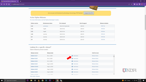 A screenshot of the Python download page showing the active Python releases with a list that includes Python 3.13 to 3.8 and their maintenance status, release dates, and end of support. A red arrow points to the "Download" button for Python 3.11.7.