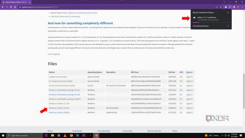 A screenshot of the Python 3.11.7 release page with a section titled "And now for something completely different" discussing quarks. Below is a list of files for different operating systems, with a red arrow pointing to the "Windows installer (64-bit)" option.