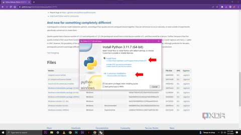 A screenshot of the Python installation setup window for Python 3.11.7 (64-bit) on Windows. The window has options for "Install Now" with a default location path and "Customize installation" with checkboxes for various options.