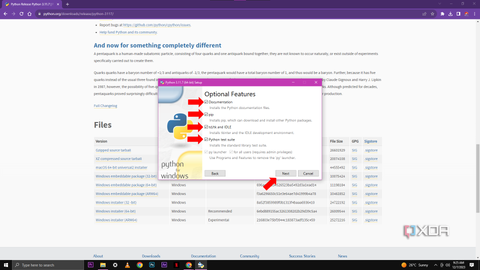 A screenshot of the Python installation setup window with "Optional Features" selected, showing various components like documentation, pip, tcl/tk and IDLE, Python test suite, and the option to create shortcuts and file associations.