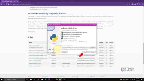 A screenshot of the Python installation setup window with "Advanced Options" selected, including options to install Python for all users, associate files, create shortcuts, add Python to environment variables, and precompile the standard library.