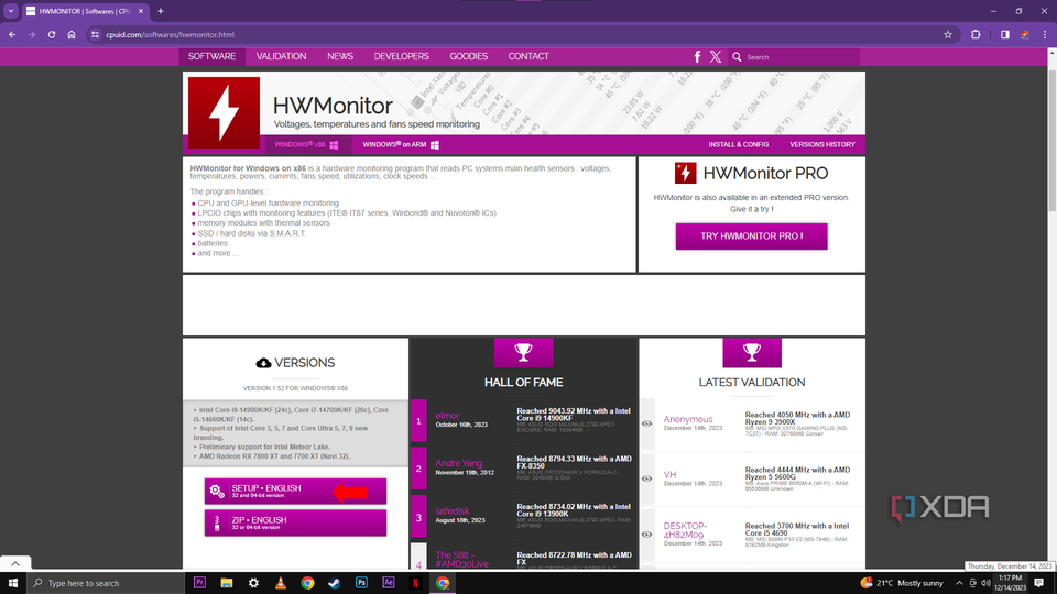 A webpage from CPUID's HWMonitor software featuring a download section for the program, which monitors various PC system health aspects like voltages and temperatures.