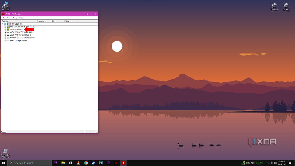 A computer desktop with the HWMonitor application window open, showing the computer's name and a list of components but no data displayed yet.