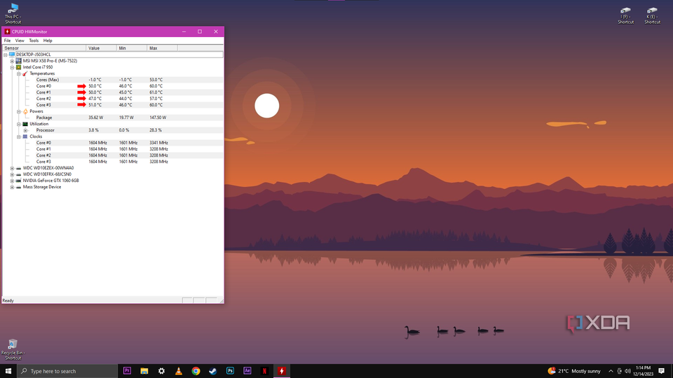 The HWMonitor application window displaying detailed information about the CPU temperature, power, utilization, and clock speeds on a computer desktop background.