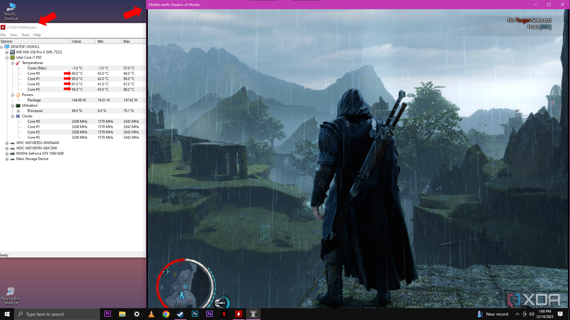 An in-game screenshot of "Middle-earth: Shadow of Mordor" in the background, with the HWMonitor application in the foreground showing elevated CPU temperatures and other system stats.