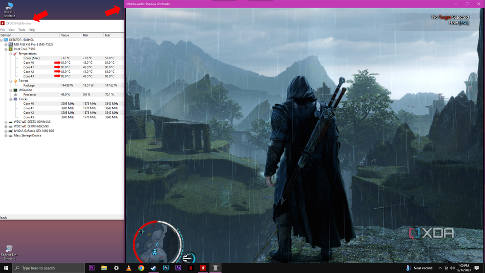 An in-game screenshot of "Middle-earth: Shadow of Mordor" in the background, with the HWMonitor application in the foreground showing elevated CPU temperatures and other system stats.